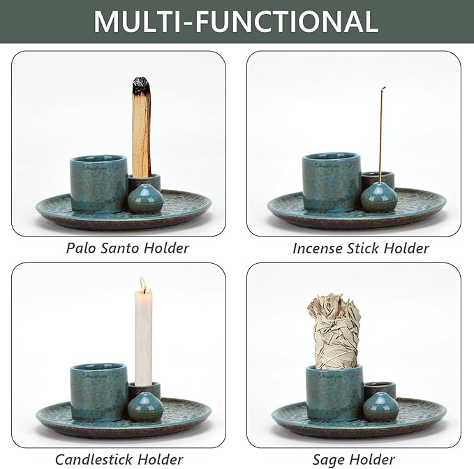 Ceramic Incense Holder Set with Decorative Tray, White, Intricate Pattern Design, 5.9x5.9x2 Inch, for Sticks, Cones, Palo Santo, Sage (Blue) - Bloomnest