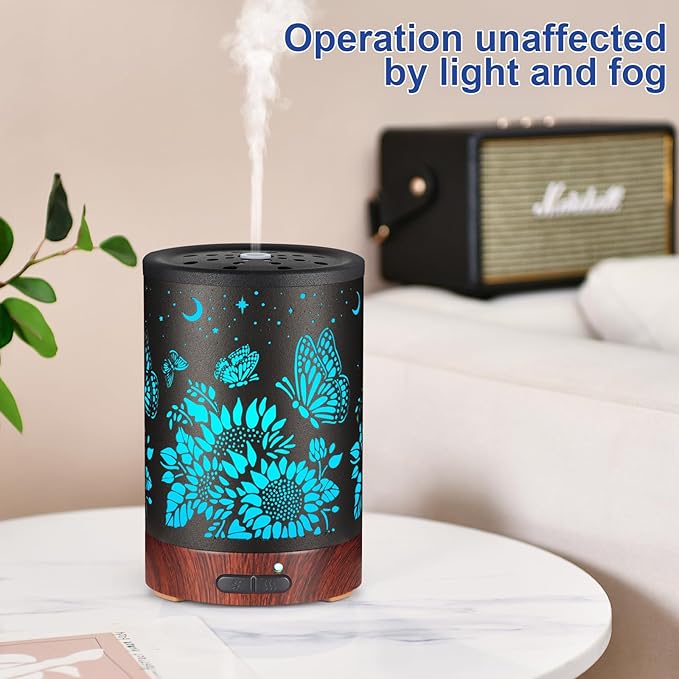 Essential Oil Diffuser- Aromatherapy Diffuser with7 Colors Light and Auto-Off for Women Metal Cool Mist Humidifier for Home and Office for Mom Women（Sunflower + Butterfly） - Bloomnest