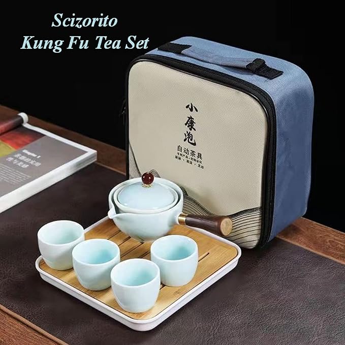 Ceramic Portable Travel Tea Set, Chinese Kungfu Tea Set with 360 Rotation Teapot and Infuser, 4 Tea Cups, Tea Tray And Travel Bag (Celadon Glaze)