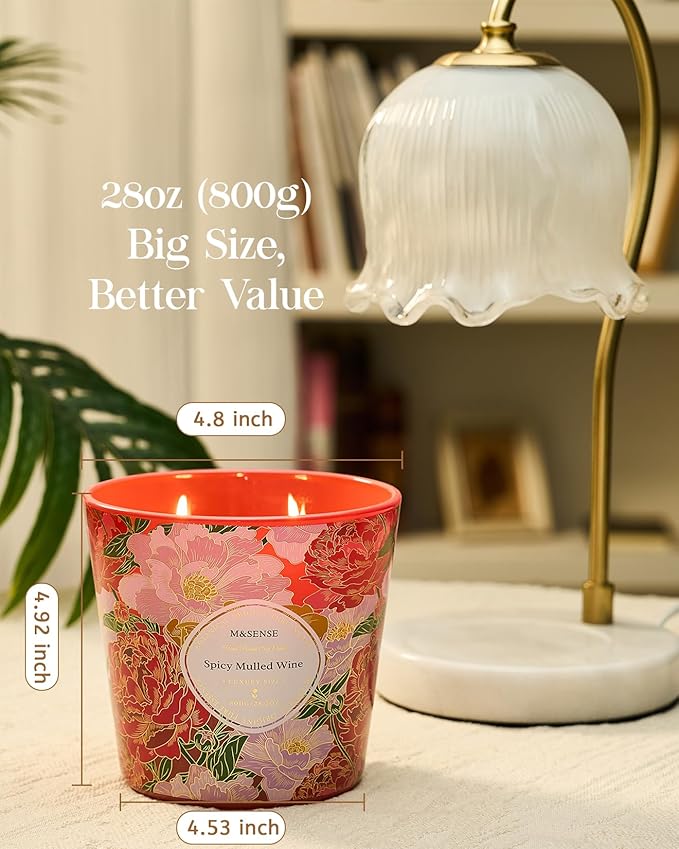 M&SENSE Spicy Mulled Wine Scented Candle, 28.2oz 3 Wick Natural Soy Wax Large Candles, Long Lasting Clean Slow Burning No Toxic Décor for Home Relaxation, Romantic Dates & Gift-Giving - Bloomnest