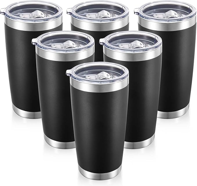 20 oz Tumblers Bulk Stainless Steel Tumbler with Lid Double Wall Vacuum Insulated Coffee Mug 20oz Powder Coated Cup for Hot and Cold Drinks, Black, 6 pack - Bloomnest