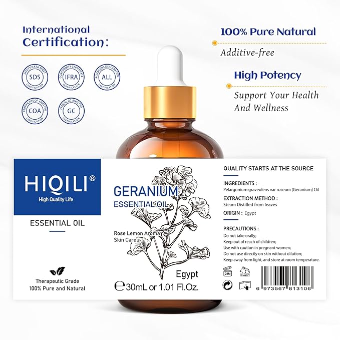HIQILI 30ML Geranium Essential Oil， for Skin, Diffuser & Candle, 100% Pure and Natural - 1.01 Fl.Oz - Bloomnest