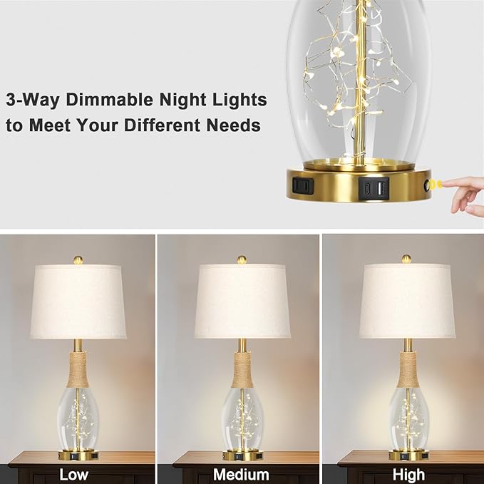 28" Boho Table Lamps Set of 2, Coastal Glass Lamps with USB A+C Ports and Outlet, Nautical Beach Bedside Lamp for Living Room Bedroom Night Stands(2 LED Bulbs Included), Gold - Bloomnest