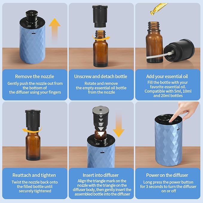 Waterless Diffuser for Essential Oil,Aromatherapy Air Scent Diffuser with 3 Mist Modes and 3 Countdown Timers,Mini Portable Scent Machine for Home,Room,Car,Office,Ice Blue - Bloomnest