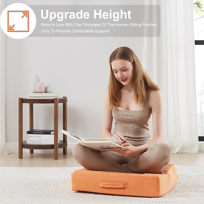 22 inches Floor Pillow for Adults - Large Meditation Cushion with Thick Foam & Soft Tufted Cover - Premium Outdoor Square Floor Cushion Seat - Yoga Pillows for Sitting On Floor - Orange - Bloomnest