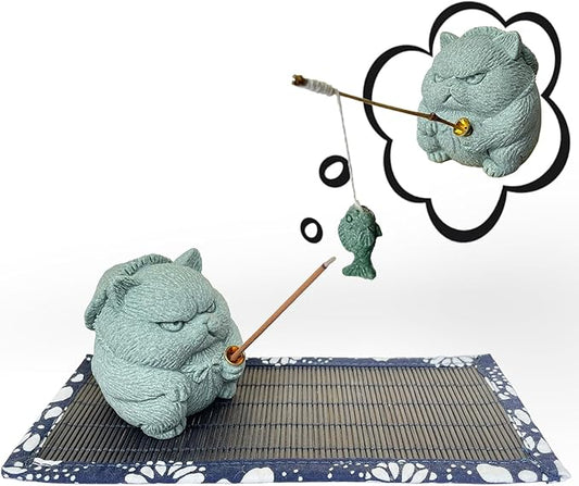 Exquisite Sandstone Warrior Cat Incense Holder (2.16”*2.36”) with Free Fishing Rod and Fish, Plus Bamboo Mat Cushion (7.28”*3.34”) (Sandstone Cat) - Bloomnest