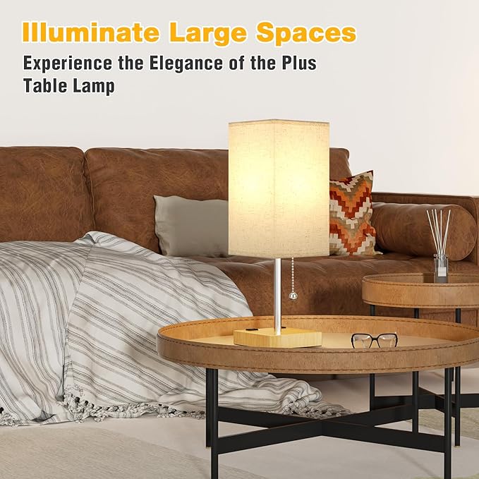 aooshine Wood Grain Small Table Lamp for Bedroom - 3 Color Temperature 3000K 5000K 4000K Bedside Lamp, Pull Chain Control, USB A and C Ports, Bulb Included - Bloomnest
