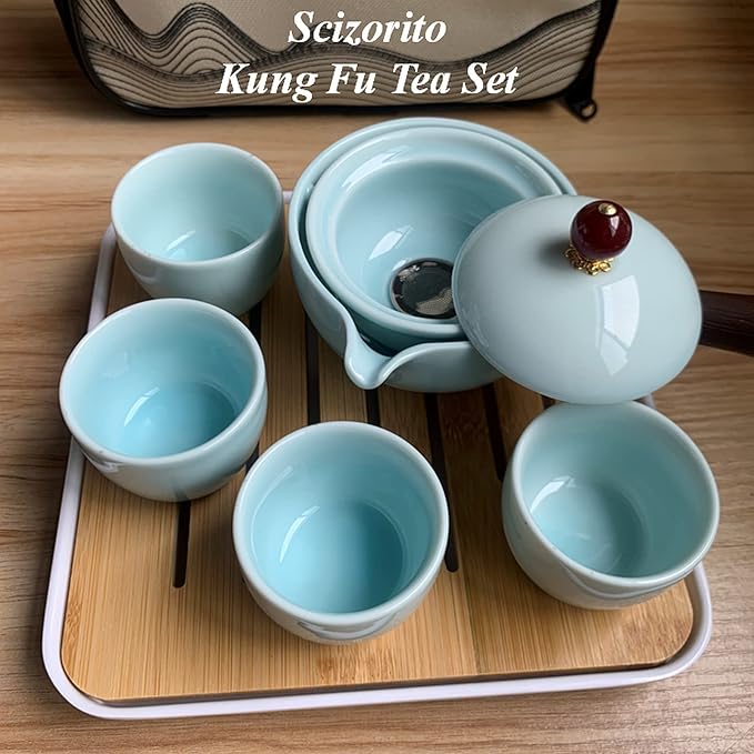 Ceramic Portable Travel Tea Set, Chinese Kungfu Tea Set with 360 Rotation Teapot and Infuser, 4 Tea Cups, Tea Tray And Travel Bag (Celadon Glaze)
