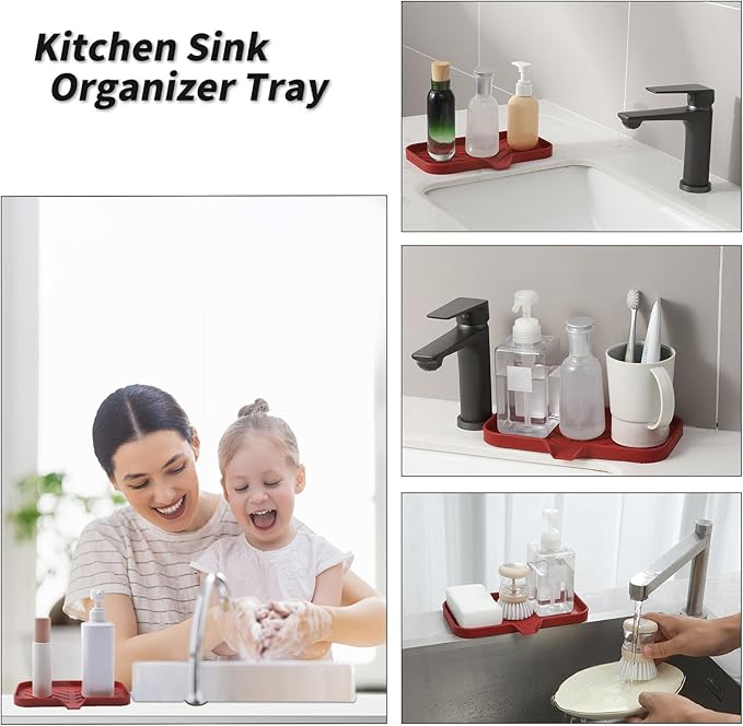 Silicone Bathroom Soap Dishes with Drain Spout-Bathroom and Kitchen Sink Organizer,Sponge Holder,Dish Soap Tray,Perfect for Dispenser,Scrubber,Bottle,Cup on Sink or Counter-Red 9.6"×5.3" - Bloomnest