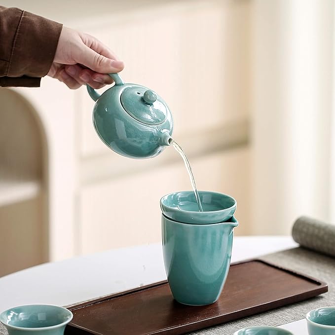 Chinese Tea Set, 10-Piece Ceramic Set with Teapot and Cups, Gongfu Tea Set,Tea Gift Sets,Outdoor and Office (Ge Kiln Green) - Bloomnest