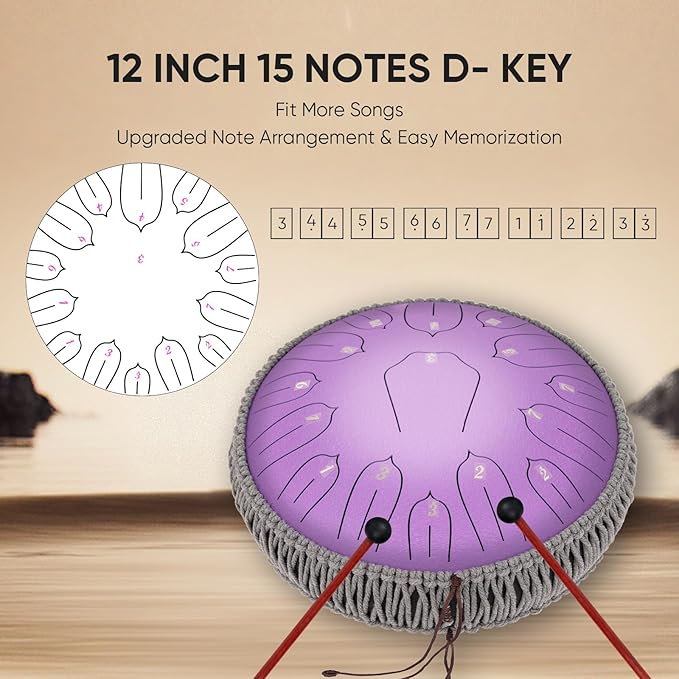 Steel Tongue Drum 12 Inch 15 Notes: Handpan Drums Set with Music Book Mallets Carry Bag - Hand Pan Instrument for Adults Musical Education Meditation Yoga Chakra (Purple)