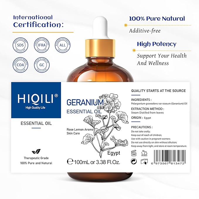 HIQILI 100ML Geranium Essential Oil for Skin, Diffuser & Candle, 100% Pure and Natural - 3.38 Fl Oz - Bloomnest