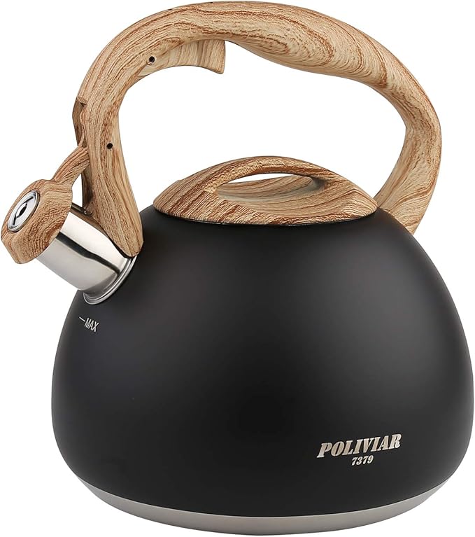 POLIVIAR Tea Kettle, Black Ti Stovetop Tea Kettle 2.7 Quart , Audible Whistling Teapot, Food Grade Stainless Steel for Anti-Rust and Anti Hot Handle, Suitable for All Heat Sources (JX2018-WB20) - Bloomnest