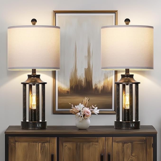 Farmhouse Table Lamps Set of 2, Vintage Living Room Lamps with 2 USB Ports, 3 Way Dimmable Touch Control Bedroom Lamp with 2 LED Nightlight, 23.5" Bedside Lamp for Nightstand Side End Table, Bronze - Bloomnest