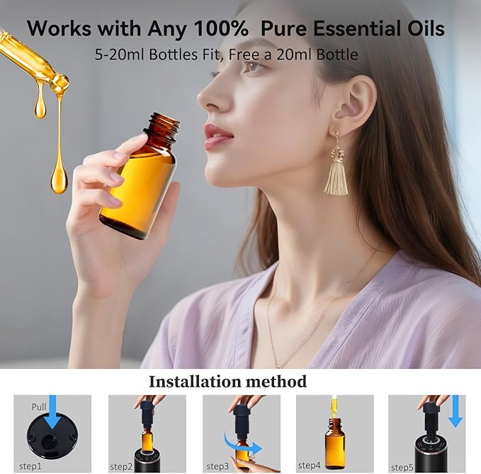 Waterless Essential Oil Diffuser Aromatherapy Scent Diffusers for Home Large Room, Bedroom, Car, Office, Desk, Battery Operated Mini Portable Air Freshener, 3 Countdown Timers & 3 Mist Levels - Bloomnest