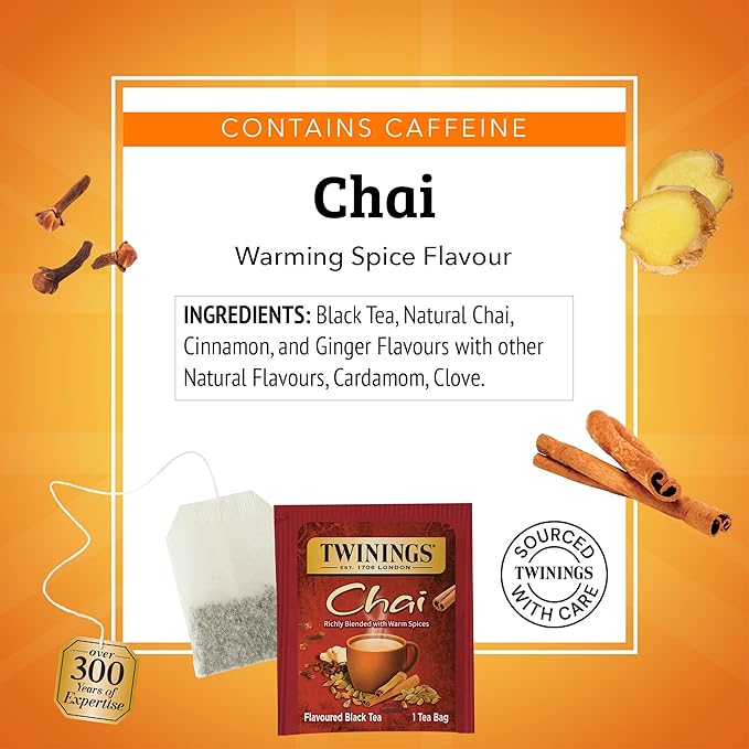 Twinings Chai Black Tea Individually Wrapped Bags, 20 Count (Pack of 6), Sweet, Savoury Spices, Caffeinated, Enjoy Hot or Iced, 120 Teabags - Bloomnest