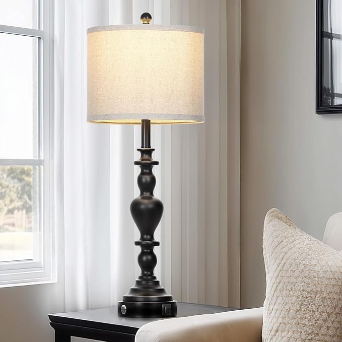 27" Vintage Table Lamps for Living Room Set of 2, Farmhouse Rustic Nightstand Lamps with USB C+A Ports, 3-Way Dimmable Bedside Lamp for Bedrooms Office Dorm, 2 LED Bulbs Included Washed Antique Black - Bloomnest