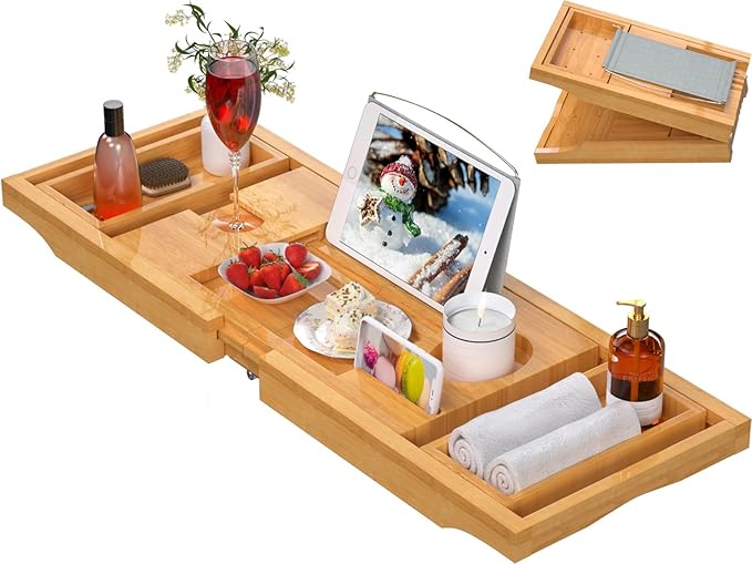 Artmalle Bathtub Caddy Tray for Tub,Foldable Bamboo Bath Table Tray with Book and Wine Glass Holder, Free Soap Dish Suitable for Luxury Spa or Reading,Natural - Bloomnest