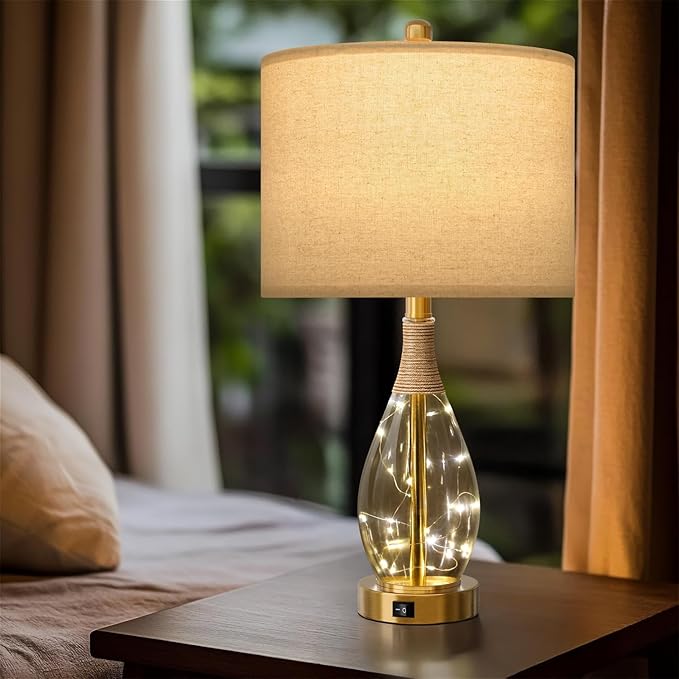 OYEARS 23" Table Lamps for Living Room Set of 2 Bedside Lamps for Night Stands Bedroom Lamps Farmhouse Rattan Boho Lamp Glass Nightlight End Table Lamp with USB C+A (Gold),Two Light Points - Bloomnest