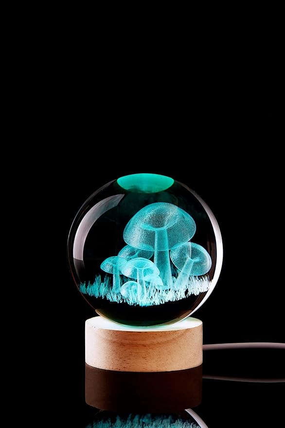 3.15 inch Mushroom Crystal Ball lamp,3D K9 Mushroom Crystal Ball Night Light with Wooden Base,16 Colors Change with Remote Control (Moon) - Bloomnest
