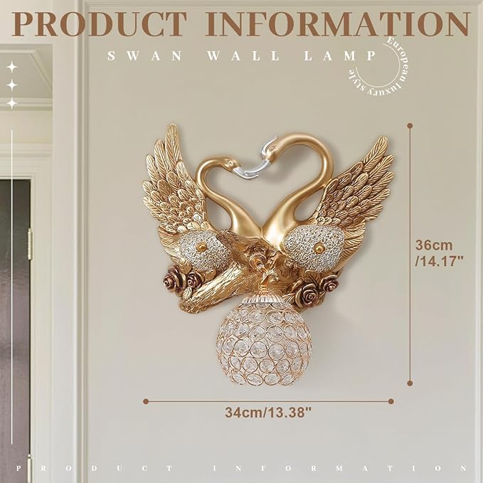 Vintage Swan Wall Sconce with Crystal Beaded Lampshade, Luxury Indoor Resin Animal Wall Sconce Light Creative Heart Shaped Wall Mount Light Fixtures for Bedroom Living Room Hallway Deco (Gold) - Bloomnest