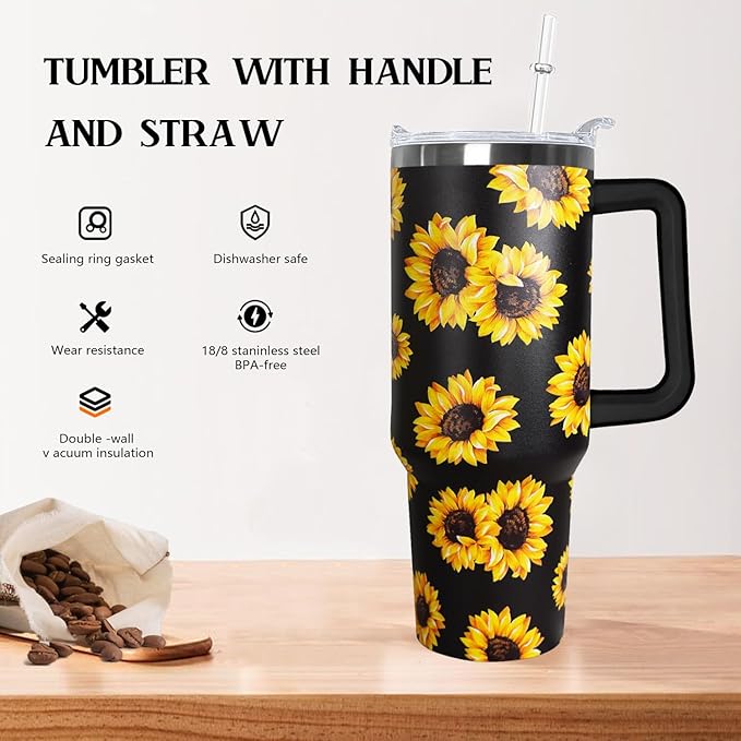 Ceovfoi Sunflower 40 oz Insulated Stainless Steel Tumbler with Handle and Straw - Bloomnest