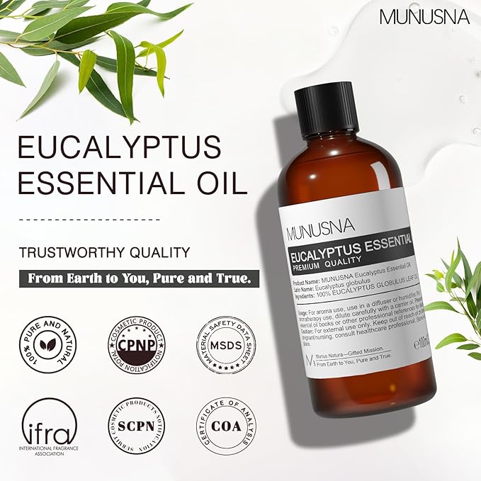 Eucalyptus Essential Oil, Premium Grade Pure Eucalyptus Oils 100ML, 100% Natural Aromatherapy Essential Oil for Shower, Hair, Skin, Diffuser, Massage, Candle, Soap, Bath Bombs Making - Bloomnest