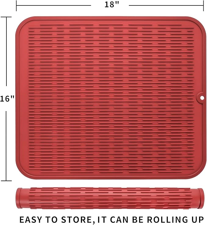 Silicone Dish Drying Mat for Multiple Usage,Easy clean,Eco-friendly,Heat-resistant Silicone Mat for Kitchen Counter or Sink,Refrigerator or Drawer Liner Red 2XL 24 inches x 18 inches - Bloomnest