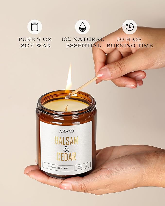 AOOVOO Balsam Cedar Candle - Large Pine Scented Soy Wax Aromatherapy Candle, 9 oz - Bloomnest