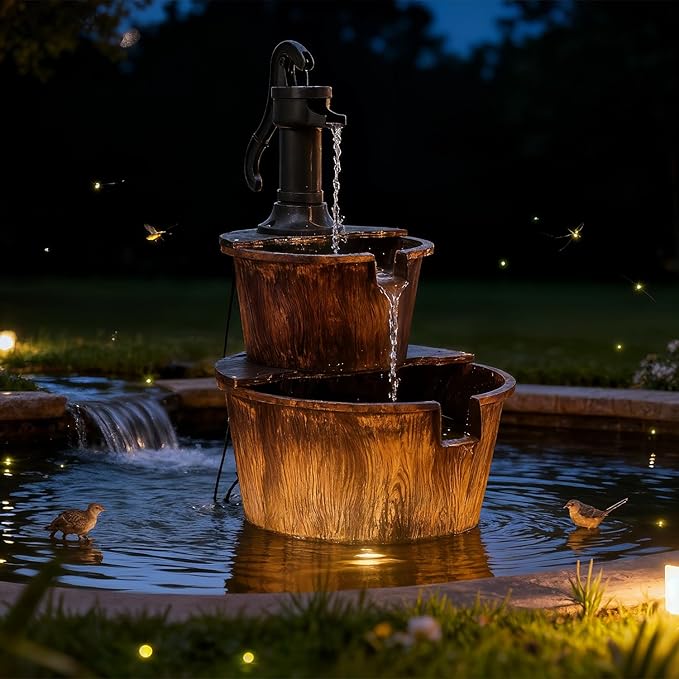 Athena Collection 27'' Height Electric Waterfall Fountain 2 Tier Stepped Barrel Vintage Fountain Polypropylene with Pump Freestanding Floor Tabletop Fountain for Outside, Patio, Garden, Bronze - Bloomnest