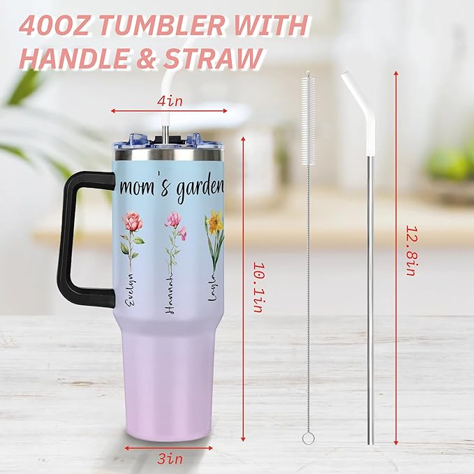 Personalized Birth Flower Tumbler with Handle and Straw Lid, Custom 40oz Cup with Name for Women, Mothers Day Birthday Gifts From Daughter, Stainless Steel Travel Coffee Tumbler, Gifts for Christmas - Bloomnest
