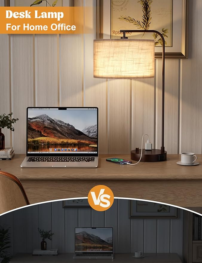 Innqoo Gray Tall Table Lamp with USB Port and Outlet, Dimmable Nightstand Bedside Lamps with Linen Lampshade, Desk Lamp for Bedroom, Living Room, Guest Room, Home Office, LED Bulb Included - Bloomnest