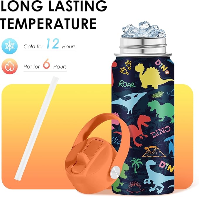Dinosaur Gifts for Kids - 16oz Colorful Dino Water Bottle with Straw Lid, Stainless Steel Insulated Tumbler, Leakproof, BPA-Free, for Boys & Girls, School, Travel - Dino Lovers Birthday Gift Cup (1pc) - Bloomnest