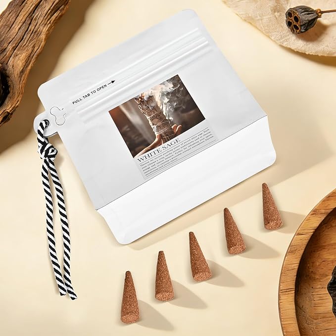 White Sage Incense Cones 30 Pcs Count with Holder - Smudging Incense for Positive Energy & Spiritual Cleansing Mosfantal