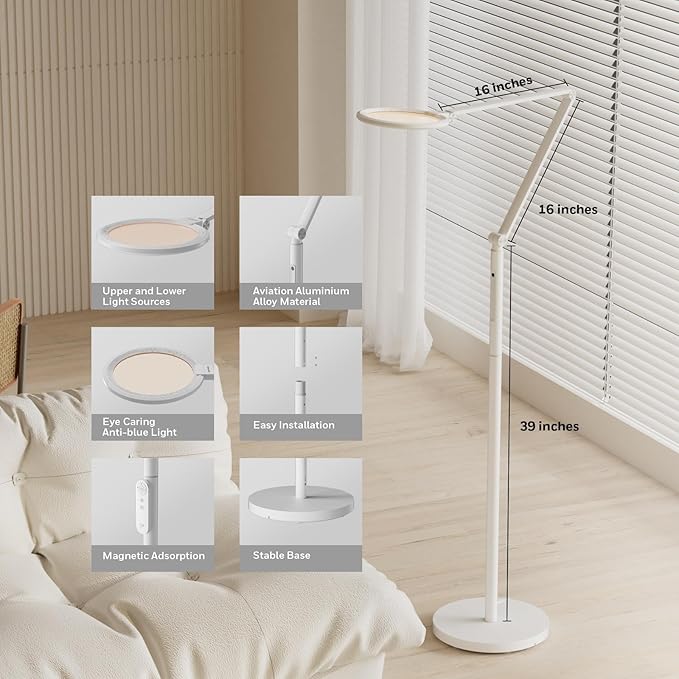 Honeywell LED Floor Lamp - F01WT Sunturalux™ Eye Caring Dimmable Standing Light with Remote,Bright Natural Daylight 5 Colors & 5 Brightness Adjustable Tall Lampara for Home Office Living Room Bedroom - Bloomnest