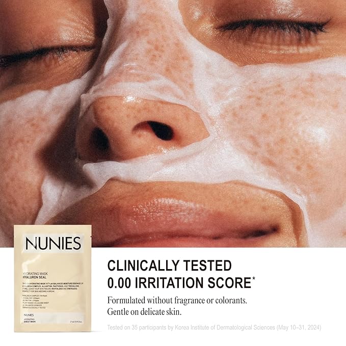 NUNIES Hydrating Sheet Mask – Korean Moisturizing Face Mask for Dry & Sensitive Skin | 10-Layer Hyaluronic Acid, Trehalose & Allantoin | Glow, pH-Balanced | Fragrance-Free, Colorant-Free | 5 Sheets - Bloomnest