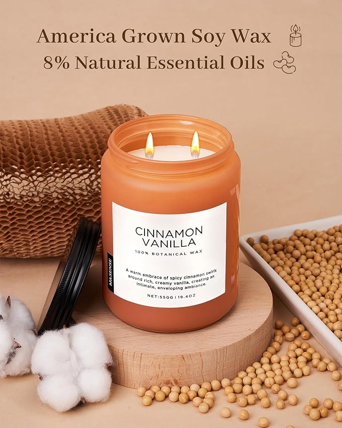 M&SENSE Cinnamon Vanilla Fall Scented Candles for Home, Natural Soy Wax 19.4oz 110 Hours Large Long Lasting Strong Scented Classic Christmas Holiday 2 Wicks Candle Gift Home Decor - Bloomnest