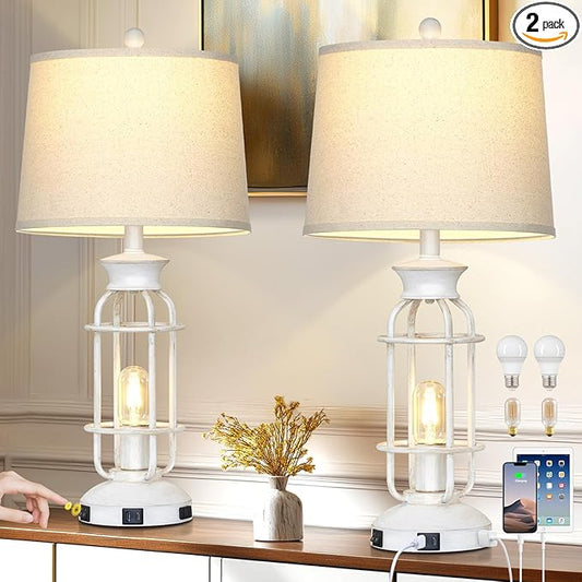 28" Vintage Table Lamps with USB C+A Ports & Outlet, Industrial Farmhouse Table Lamp for Living Room, Rustic Mid Century Modern Bedside Lamps with Nightlight & Beige Fabric Lampshade, Oil-Rubbed White - Bloomnest