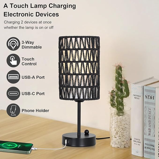 Black Bedside Lamps Set of 2, Touch Control Night Stand Lamp for Bedroom with Rattan & Linen Shade & Bulbs, 3 Way Dimmable Small Boho Table Lamps with USB Charging Port & Phone Stand - Bloomnest