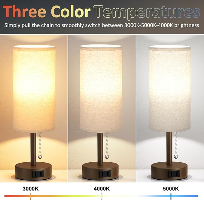 Fenmzee Brown Bedside Table Lamps Set of 2-3 Color Temperatures Pull Chain Lamp with AC Outlet Charging Port, Small Round Night Stand Lamps for Bedroom, Bed Side Light with E26 LED Bulbs - Bloomnest