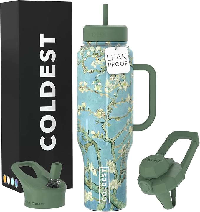 Coldest Tumbler with Handle and Straw, 100% Spill Proof Tumbler with Straw (3 Lids), Stainless Steel Insulated Leakproof Tumblers for Women Men, Cup Holder Friendly, 46 oz (Almond Blossom) - Bloomnest