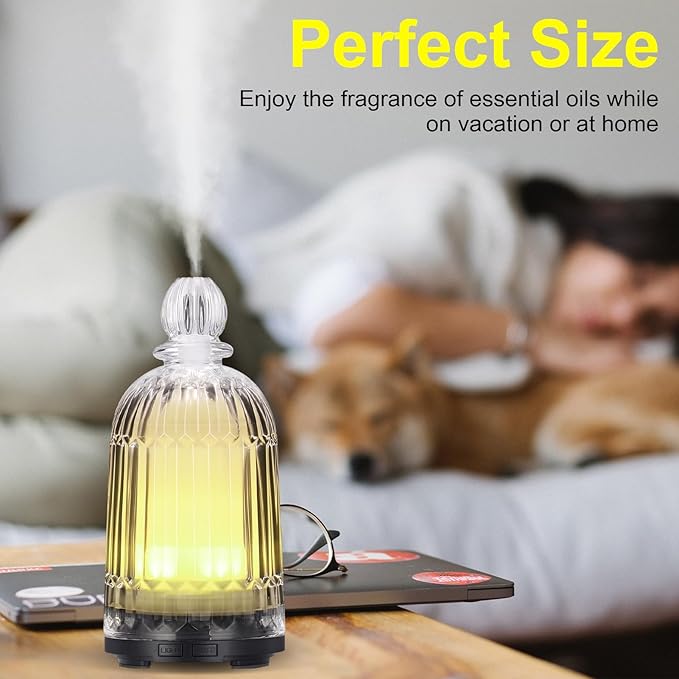 Glass Essential Oil Diffuser, Ultrasonic Aroma Diffuser Glass Cover & Plastic Reservoir with 7 LED Color Changing Light, Auto Shut-Off for Home Office Spa, 120ml(Black Base) DOUDING
