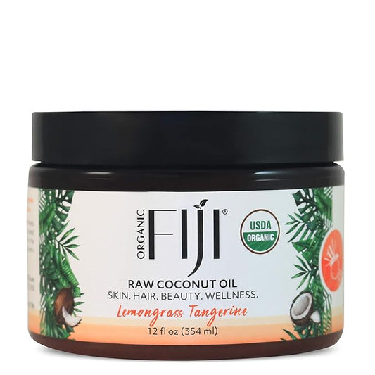 Organic Fiji Raw Cold Pressed Coconut Oil for Hair, Skin, Face & Body | Relaxing Massage Oil | Lemongrass Tangerine,12 oz for Women Men & Baby - Bloomnest