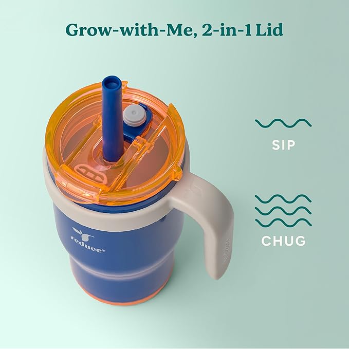 REDUCE 14 Oz Coldee Kids Tumbler with Lid and Straw - Coldee Insulated Travel Mug - Spill-Proof, Sweatproof Stainless Steel, BPA-Free - Includes Handle, Reusable Silicone Straw - Varsity Blue - Bloomnest