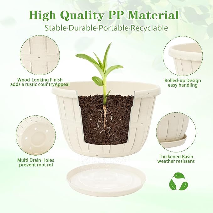 Quarut 14 Inch Plastic-Flower-Pot-for-Indoor-Plants, 4 Pack Large Outdoor Planter Pot with Drainage Holes & Saucers, Resin Decorative Garden Pots Planters（White） - Bloomnest