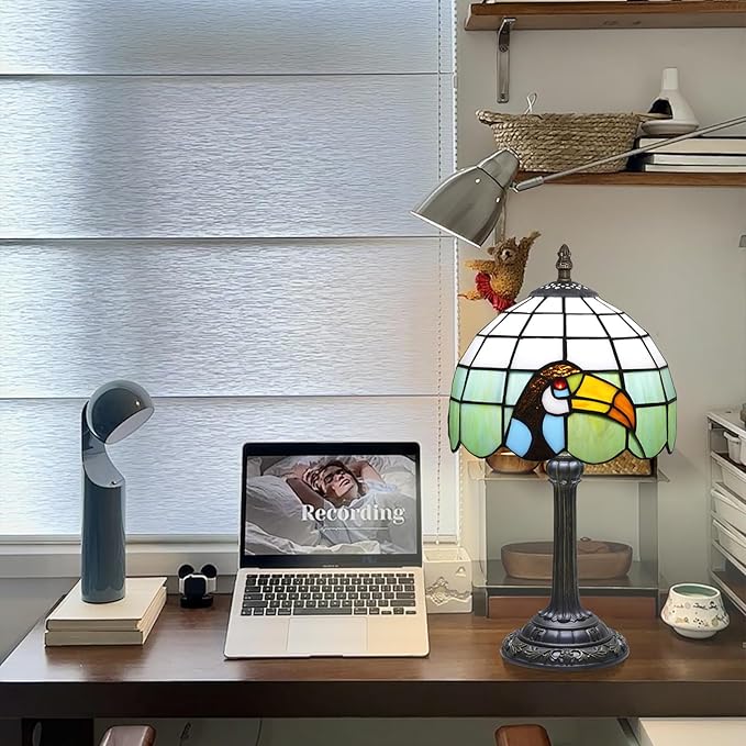 Tiffany lamp 8 inch stained glass lamp European retro black toucan warm color reading bedside lamp suitable for bedrooms dormitories studies antique home decoration art handicrafts (green and white) - Bloomnest