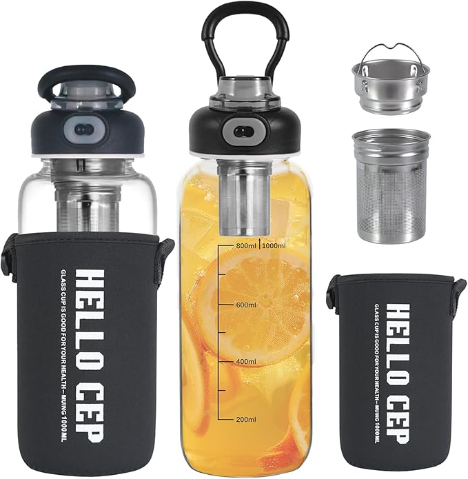 34oz Glass Water Bottle with capacity Mark & Stainless Steel Tea Strainer-Large Capacity for Hot/Cold Drinks,Coffee,Tea,and Water-Includes Protective Sleeve,Perfect for Home,Office (34oz2PCS) - Bloomnest