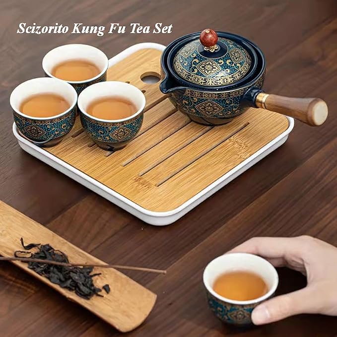 Ceramic Portable Travel Tea Set, Chinese Kungfu Tea Set with 360 Rotation Teapot and Infuser, 4 Tea Cups, Tea Tray And Travel Bag (Floral Blue)