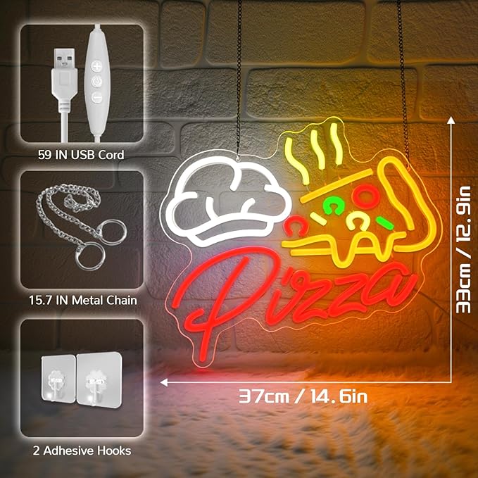 Pizza Neon Sign,Colorful Pizza Neon Signs for Wall Decor,Pizza Shaped Led Signs for Business Fast Food,Dimmable Pizza Neon Lights forKitchen,Light up Pizza Sign for Restaurant Pizza Shop - Bloomnest
