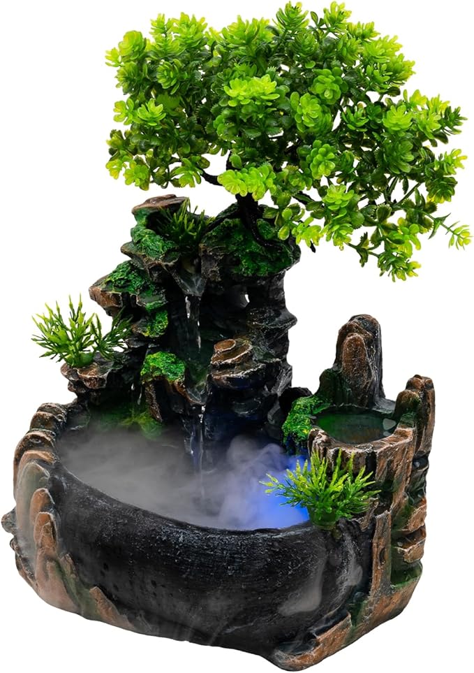 220V Indoor Relaxation Desktop Fountain Waterfall, with Color LED Light Small Tabletop Decor Fountain Rockery, Indoor Relaxation Resin Ornament for Home Office Bedroom - Bloomnest